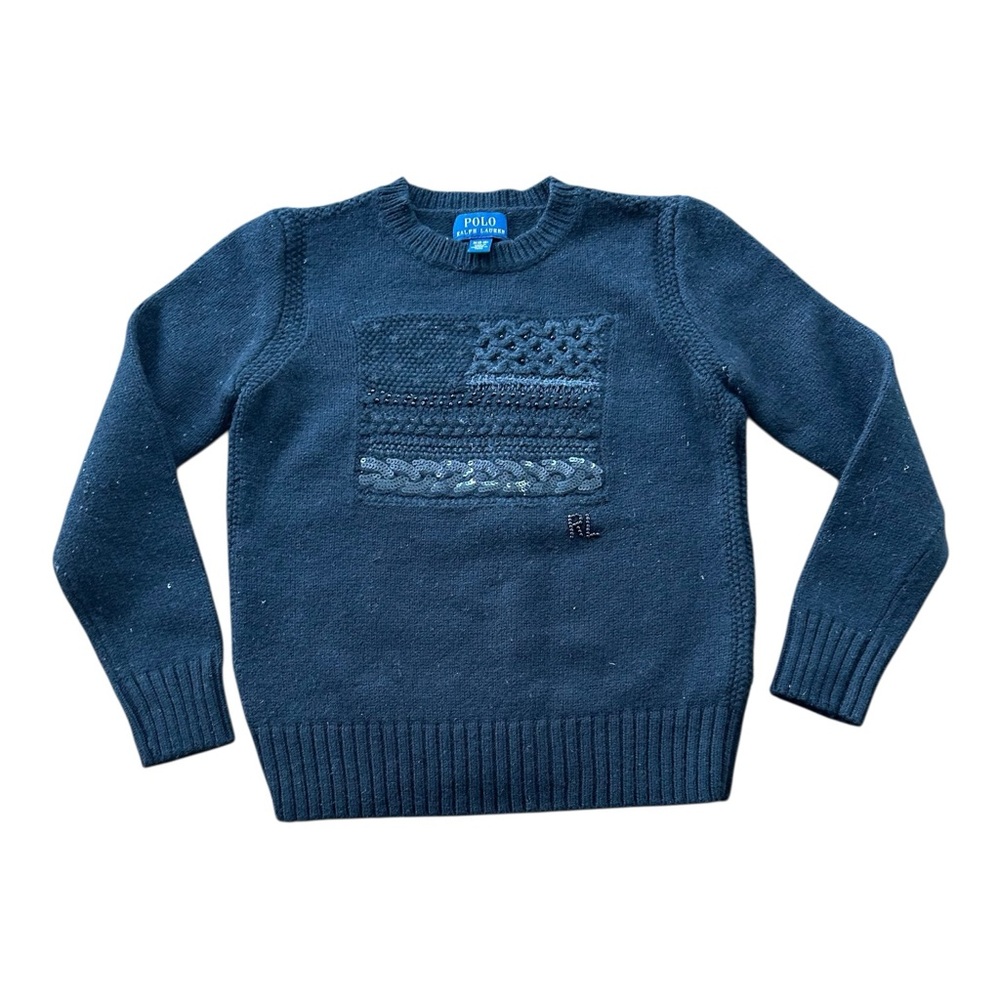 Kids Sz M(8-210) Polo by Ralph Lauren Textured American Flag Crewneck Sweater